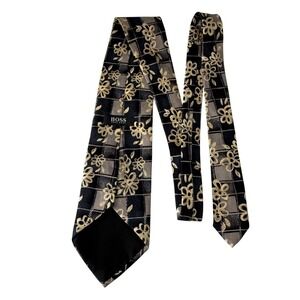 Hugo Boss‎ Mens Silk Necktie Black Grey Ivory Floral Made in Italy Designer